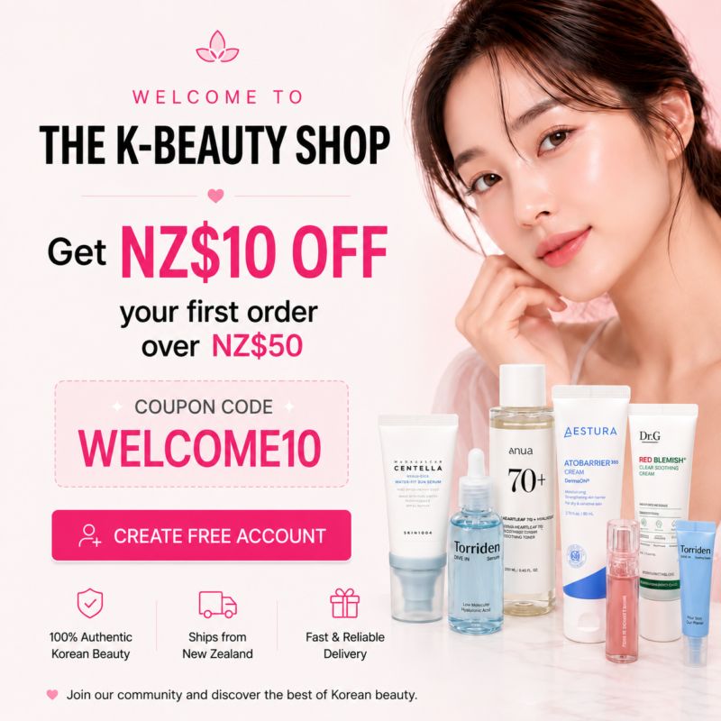 Welcome popup for The K-Beauty Shop offering NZ$10 OFF the first order over NZ$50 on authentic Korean skincare products shipped from New Zealand.